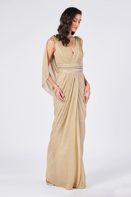 Shop_S&N by Shantnu Nikhil_Gold Georgette V-neck Embellished Draped Gown _Online_at_Aza_Fashions