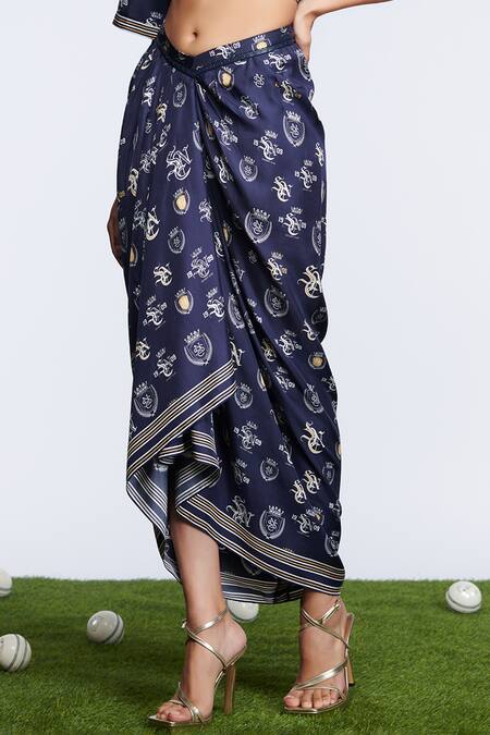 S&N By Shantnu Nikhil_Blue Silk Printed Draped Skirt _Online_at_Aza_Fashions