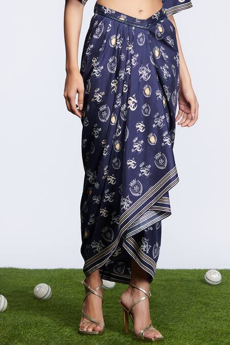 Buy_S&N By Shantnu Nikhil_Blue Silk Printed Draped Skirt _Online_at_Aza_Fashions