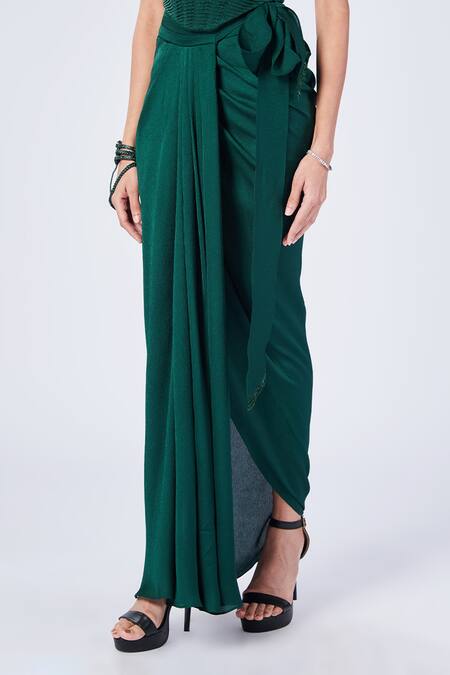 Buy_S&N By Shantnu Nikhil_Emerald Green Polyester Tassels Wrap-around Skirt_Online_at_Aza_Fashions