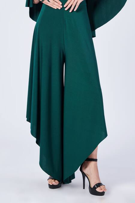 S&N By Shantnu Nikhil_Emerald Green Polyester Flared Trousers_Online_at_Aza_Fashions