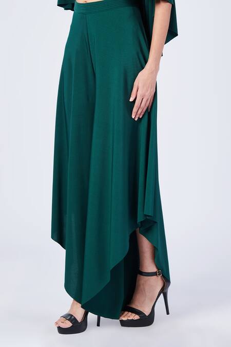Buy_S&N By Shantnu Nikhil_Emerald Green Polyester Flared Trousers_Online_at_Aza_Fashions