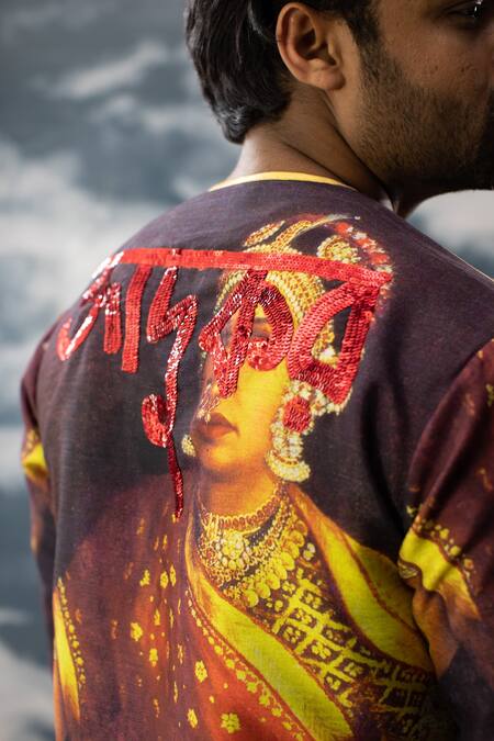 Shop_Saksham & Neharicka_Maroon Silk Zari, Sequins Portrait Print Kurta