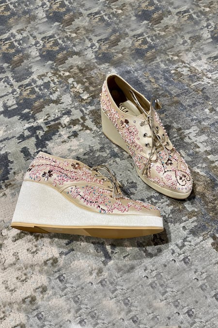 Buy_Tiesta_Gold Embroidery Leaf Embellished Sneaker Wedges _Online_at_Aza_Fashions