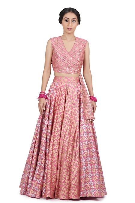 Shop_Seema Nanda_Pink Organza, Chanderi Silk, Lining Cotton Mul Kamla Printed Lehenga Set _Online_at_Aza_Fashions
