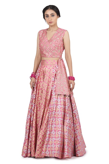 Buy_Seema Nanda_Pink Organza, Chanderi Silk, Lining Cotton Mul Kamla Printed Lehenga Set _Online_at_Aza_Fashions