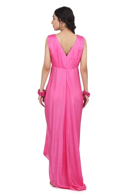 Seema Nanda_Pink Organza, Bemberg Satin, Lining Cotton Mul Gulab Draped With Embroidered_Online_at_Aza_Fashions