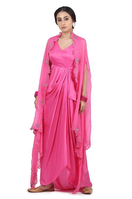 Buy_Seema Nanda_Pink Organza, Bemberg Satin, Lining Cotton Mul Gulab Draped With Embroidered_Online_at_Aza_Fashions