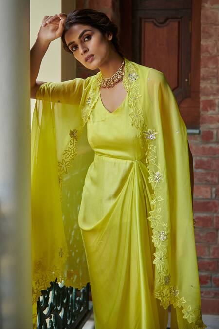 Shop_Seema Nanda_Yellow Organza, Chanderi Silk, Lining Cotton Mul Floral, Aruni Draped With_Online_at_Aza_Fashions