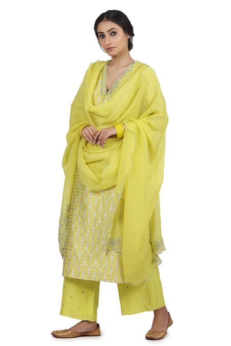 Seema Nanda_Yellow Organza, Chanderi Silk, Lining Cotton Keerat Straight Printed Kurta Set _Online_at_Aza_Fashions