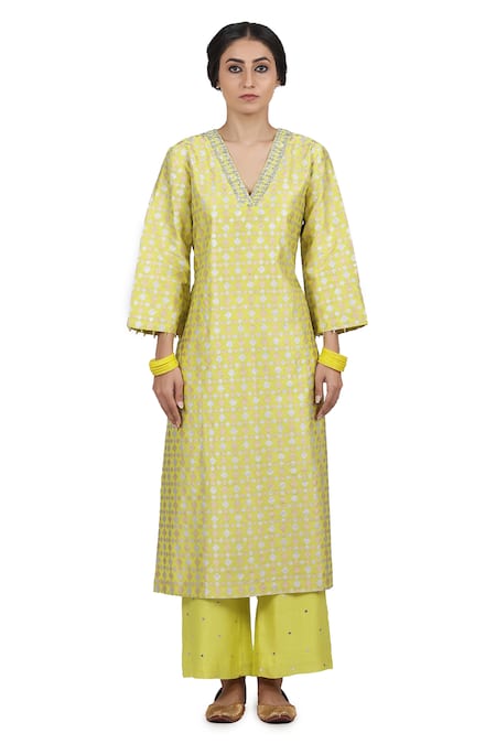 Shop_Seema Nanda_Yellow Organza, Chanderi Silk, Lining Cotton Keerat Straight Printed Kurta Set _Online_at_Aza_Fashions