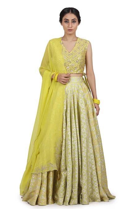 Shop_Seema Nanda_Yellow Organza, Chanderi Silk, Lining Cotton Mul Paakhi Printed Lehenga Set_Online_at_Aza_Fashions