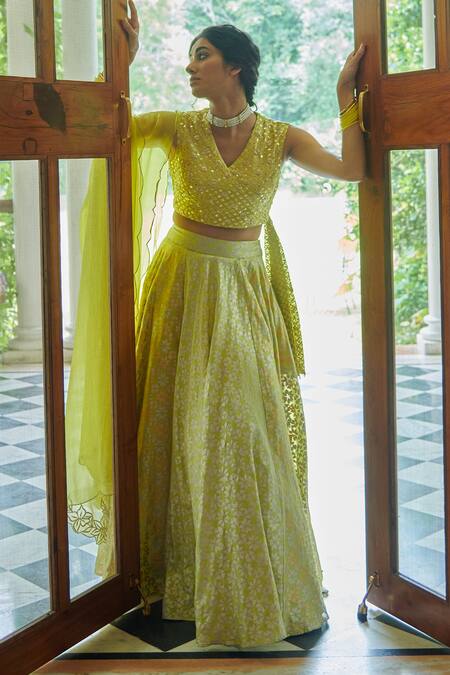 Seema Nanda_Yellow Organza, Chanderi Silk, Lining Cotton Mul Paakhi Printed Lehenga Set_at_Aza_Fashions