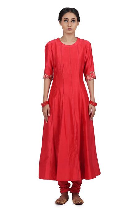 Seema Nanda_Pink Organza, Chanderi Silk, Lining Cotton Mul Surkh Embroidered Anarkali Set_Online_at_Aza_Fashions