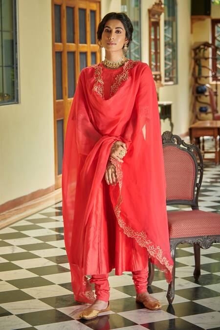 Seema Nanda_Pink Organza, Chanderi Silk, Lining Cotton Mul Surkh Embroidered Anarkali Set_at_Aza_Fashions