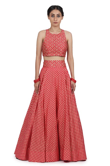 Seema Nanda_Pink Organza, Chanderi Silk, Lining Cotton Mul Aiman Print Lehenga Set_Online_at_Aza_Fashions