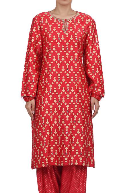 Shop_Seema Nanda_Red Chanderi Silk, Mul And Organza Lining Anahat Kurta Salwar Set_Online_at_Aza_Fashions