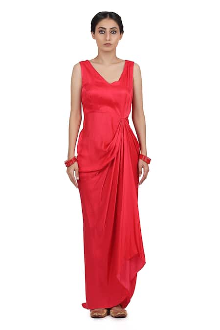 Buy_Seema Nanda_Red Bamberg Satin, Organza And Cotton Mul Hir Asymmetric Hem Cape With Dress _Online_at_Aza_Fashions