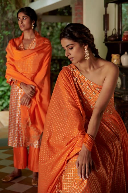 Seema Nanda_Orange  Lining Gota Patti, Guntaaz Anarkali Sharara Set _Online_at_Aza_Fashions