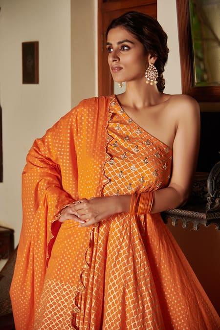 Seema Nanda_Orange  Lining Gota Patti, Guntaaz Anarkali Sharara Set _at_Aza_Fashions