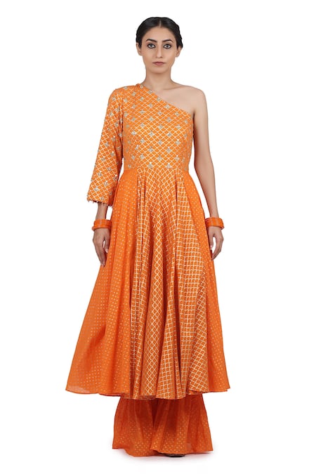 Shop_Seema Nanda_Orange  Lining Gota Patti, Guntaaz Anarkali Sharara Set _Online_at_Aza_Fashions