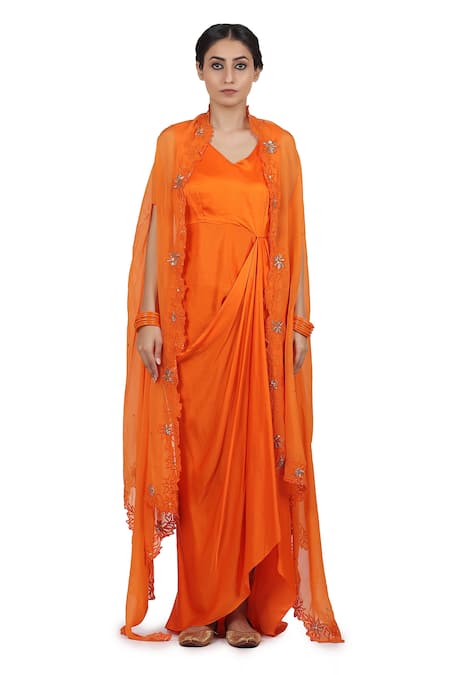Seema Nanda_Orange Bamberg Satin, Organza And Cotton Harnoor Asymmetric Hem Cape With Dress _Online_at_Aza_Fashions