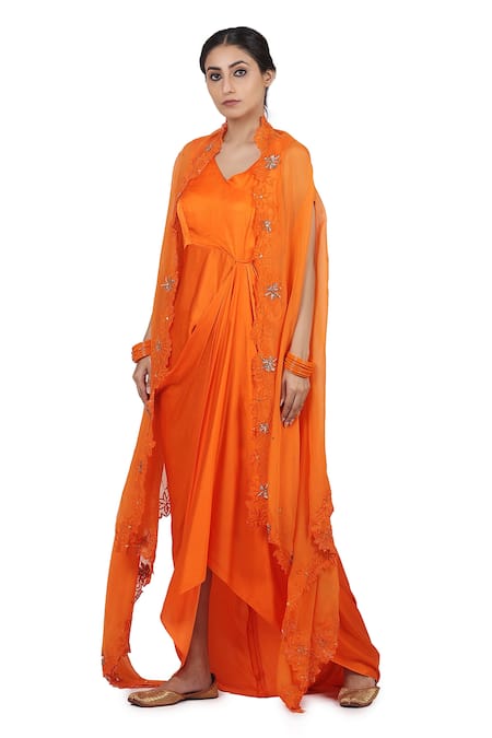 Buy_Seema Nanda_Orange Bamberg Satin, Organza And Cotton Harnoor Asymmetric Hem Cape With Dress _Online_at_Aza_Fashions