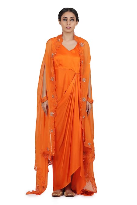 Shop_Seema Nanda_Orange Bamberg Satin, Organza And Cotton Harnoor Asymmetric Hem Cape With Dress _Online_at_Aza_Fashions