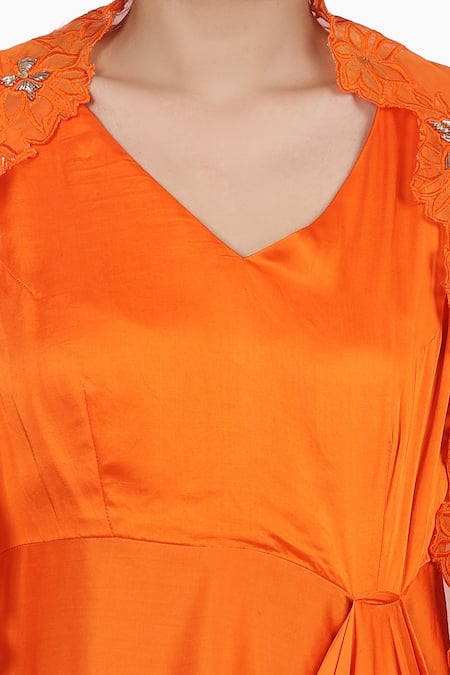 Seema Nanda_Orange Bamberg Satin, Organza And Cotton Harnoor Asymmetric Hem Cape With Dress _at_Aza_Fashions