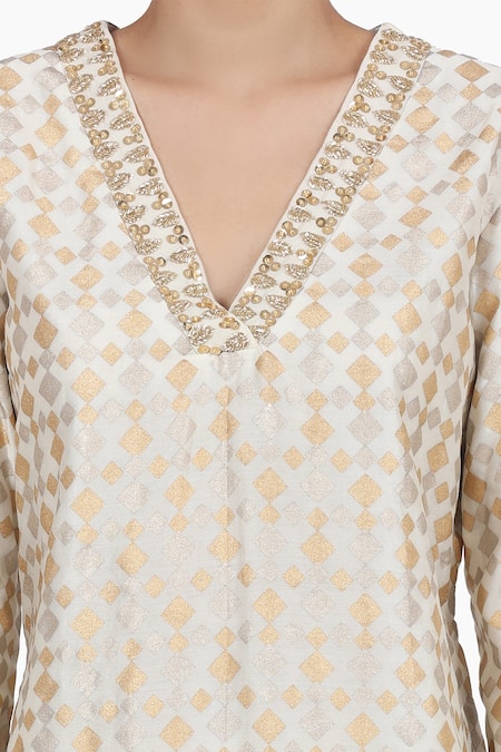 Seema Nanda_Ivory Chanderi Silk, Cotton Mul And Organza Lining Deep Kurta Palazzo Set_at_Aza_Fashions