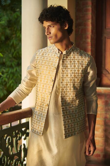 Seema Nanda_Ivory Chanderi Silk, Cotton Satin Lycra, Dharam Printed Bundi And Kurta Set _Online_at_Aza_Fashions