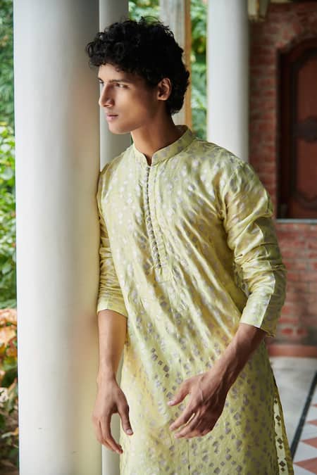 Seema Nanda_Yellow Chanderi Silk Printed Geometric Aman Kurta Set _Online_at_Aza_Fashions