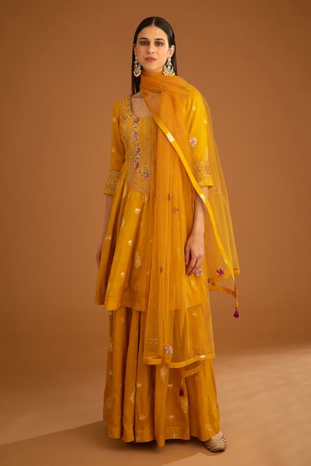 Buy Green Net Embroidery Round Jasmine Anarkali Sharara Set For Women by  Reynu Taandon Online at Aza Fashions.