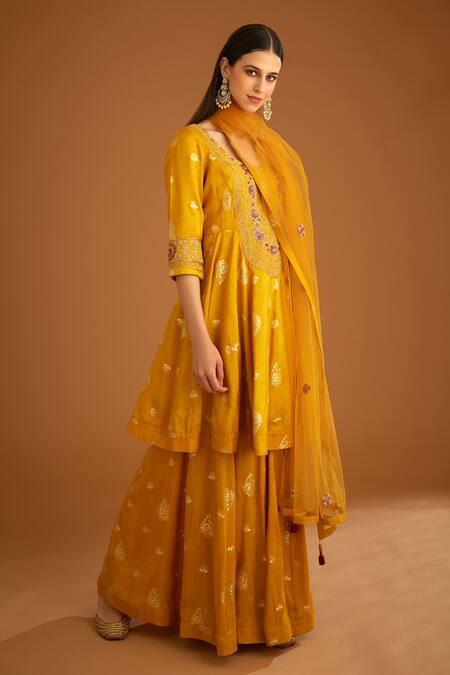 Buy_Shyam Narayan Prasad_Yellow Cotton Satin, Viscose, Silk, Net Zardozi Work Anarkali Sharara Set _Online_at_Aza_Fashions