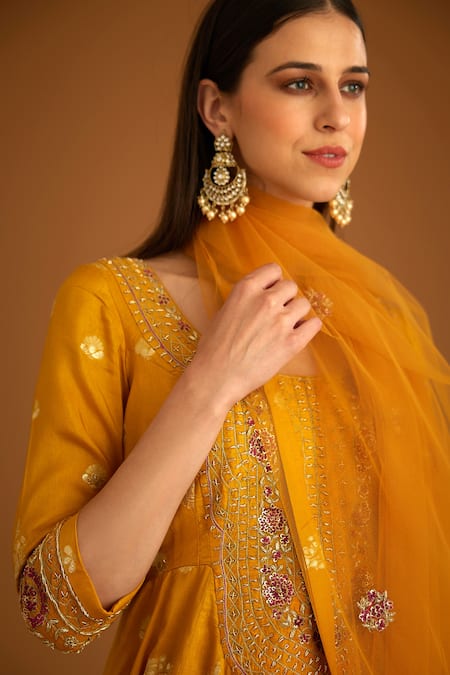 Shop_Shyam Narayan Prasad_Yellow Cotton Satin, Viscose, Silk, Net Zardozi Work Anarkali Sharara Set _Online_at_Aza_Fashions