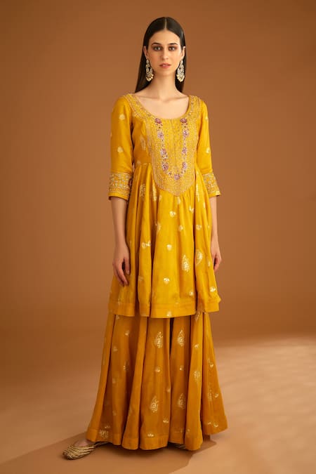 Shyam Narayan Prasad_Yellow Cotton Satin, Viscose, Silk, Net Zardozi Work Anarkali Sharara Set _at_Aza_Fashions