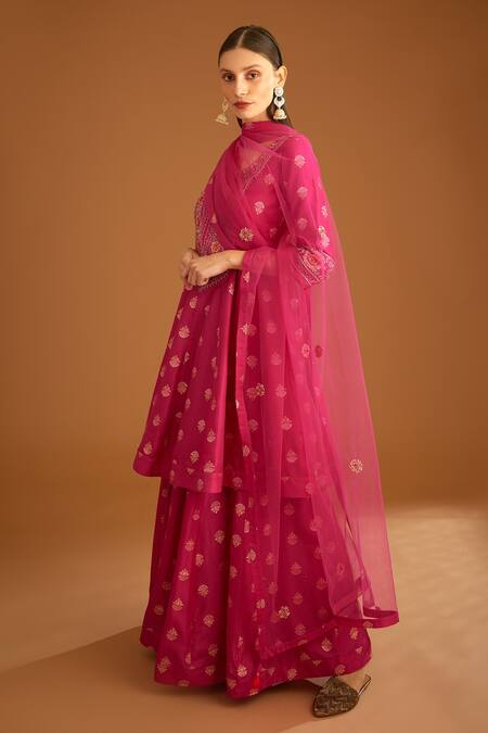 Shyam Narayan Prasad_Fuchsia Cotton Satin, Viscose, Net Tassels Zardozi Embroidered Anarkali Set _Online_at_Aza_Fashions