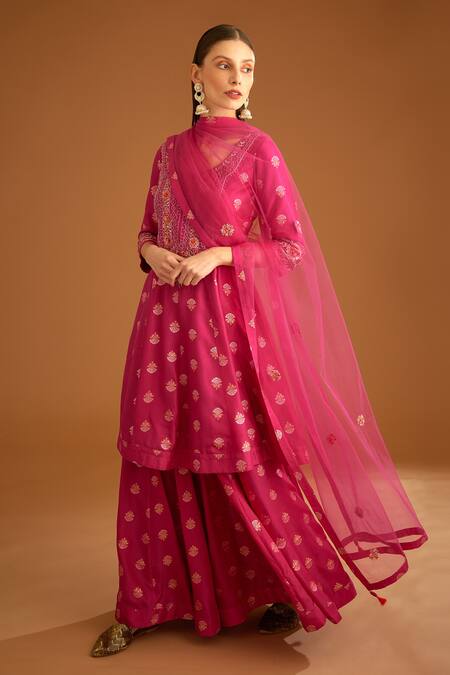 Buy_Shyam Narayan Prasad_Fuchsia Cotton Satin, Viscose, Net Tassels Zardozi Embroidered Anarkali Set _Online_at_Aza_Fashions