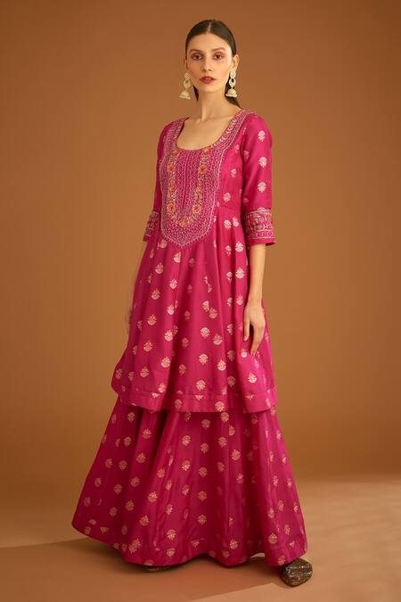 Shyam Narayan Prasad_Fuchsia Cotton Satin, Viscose, Net Tassels Zardozi Embroidered Anarkali Set _at_Aza_Fashions