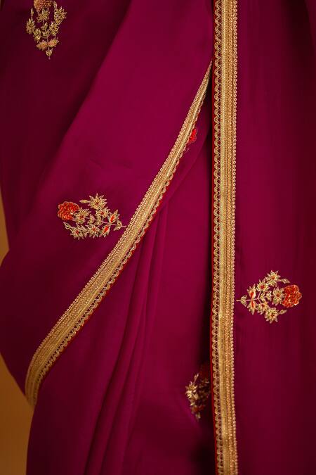 Shyam Narayan Prasad_Pink Silk Brocade Embroidered Zardozi Leaf Neck Saree With Blouse _Online_at_Aza_Fashions