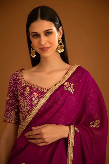 Buy_Shyam Narayan Prasad_Pink Silk Brocade Embroidered Zardozi Leaf Neck Saree With Blouse _Online_at_Aza_Fashions