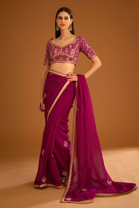 Shop_Shyam Narayan Prasad_Pink Silk Brocade Embroidered Zardozi Leaf Neck Saree With Blouse _Online_at_Aza_Fashions