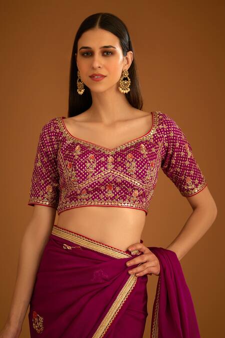 Shyam Narayan Prasad_Pink Silk Brocade Embroidered Zardozi Leaf Neck Saree With Blouse _at_Aza_Fashions