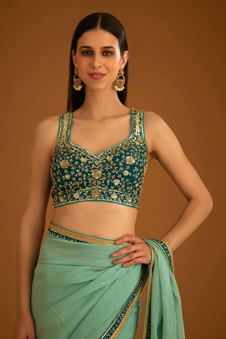 Buy_Shyam Narayan Prasad_Green Silk Embroidered Zardozi Leaf Neck Opal Saree And Blouse 