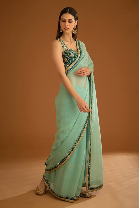 Shyam Narayan Prasad_Green Silk Embroidered Zardozi Leaf Neck Opal Saree And Blouse _Online_at_Aza_Fashions