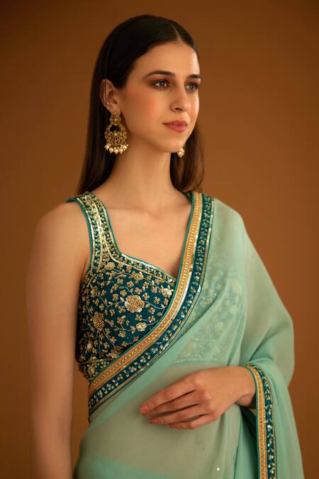 Shop_Shyam Narayan Prasad_Green Silk Embroidered Zardozi Leaf Neck Opal Saree And Blouse _Online_at_Aza_Fashions