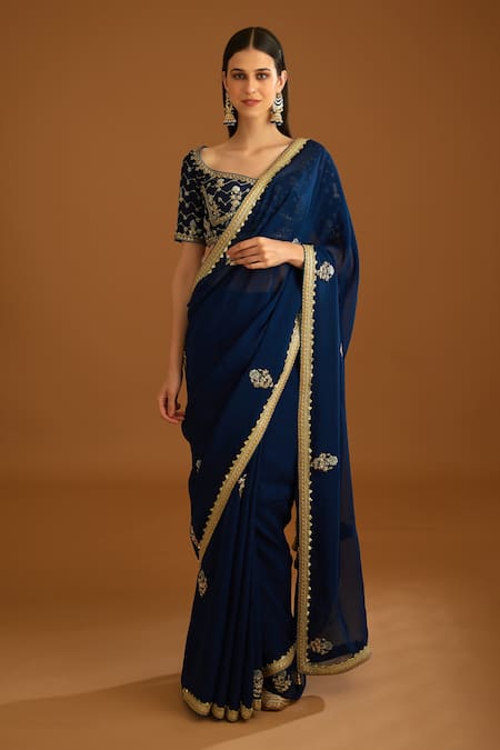 Shyam Narayan Prasad_Blue Dupion Silk Embroidered Zardozi Leaf Neck Work Saree With Blouse _Online_at_Aza_Fashions