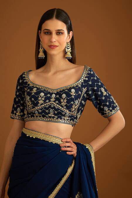 Buy_Shyam Narayan Prasad_Blue Dupion Silk Embroidered Zardozi Leaf Neck Work Saree With Blouse 