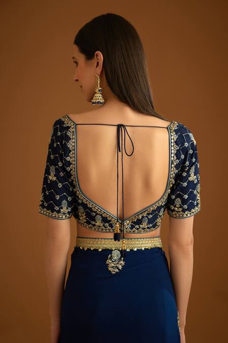 Shyam Narayan Prasad_Blue Dupion Silk Embroidered Zardozi Leaf Neck Work Saree With Blouse _at_Aza_Fashions