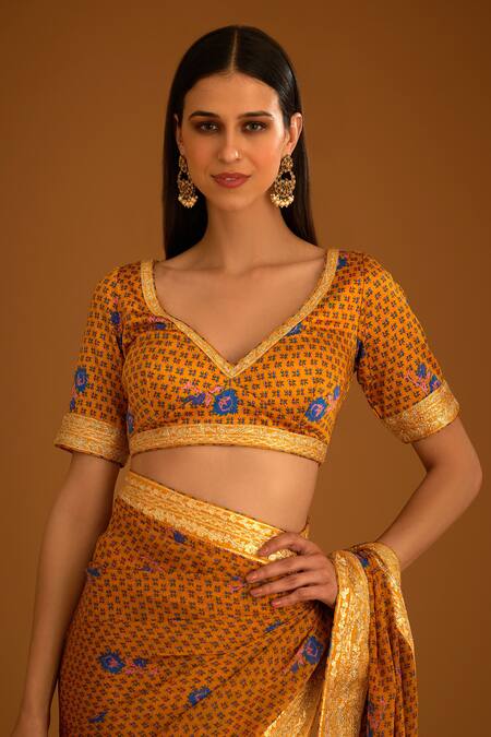 Shyam Narayan Prasad_Yellow Modal Satin Embroidered Gota V Floret Print And Work Saree With Blouse _at_Aza_Fashions